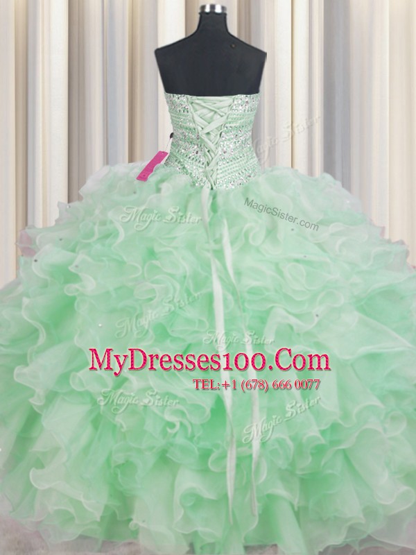 Unique Apple Green Sleeveless Beading and Ruffles Floor Length Ball Gown Prom Dress