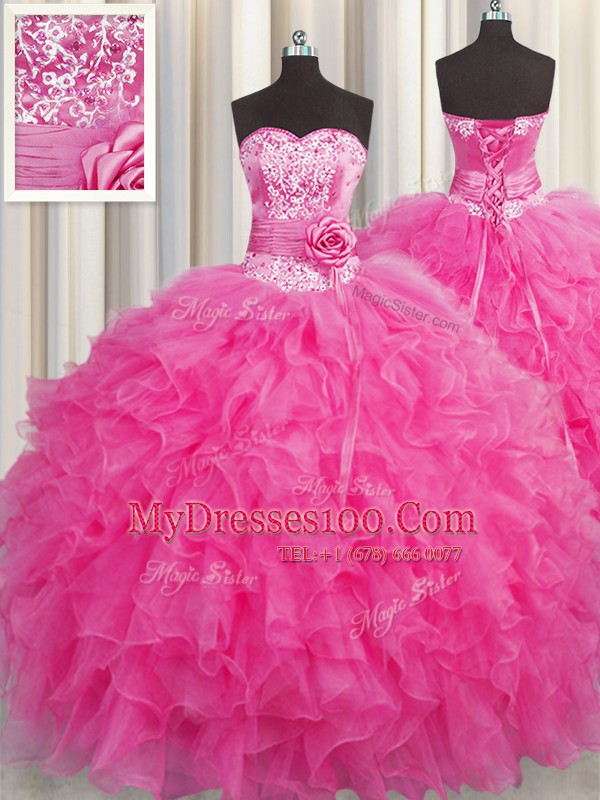 Customized Handcrafted Flower Floor Length Lace Up Ball Gown Prom Dress Hot Pink for Military Ball and Sweet 16 and Quinceanera with Beading and Ruffles