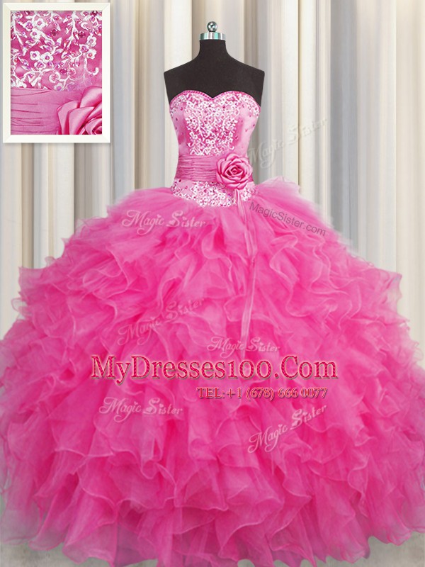 Customized Handcrafted Flower Floor Length Lace Up Ball Gown Prom Dress Hot Pink for Military Ball and Sweet 16 and Quinceanera with Beading and Ruffles