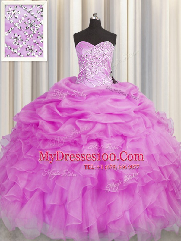 Perfect Lilac Ball Gowns Beading and Ruffles Ball Gown Prom Dress Lace Up Organza Sleeveless Floor Length