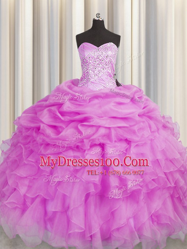 Perfect Lilac Ball Gowns Beading and Ruffles Ball Gown Prom Dress Lace Up Organza Sleeveless Floor Length