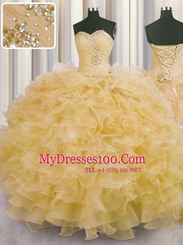 Gold Lace Up Quinceanera Gowns Beading and Ruffles Sleeveless Floor Length