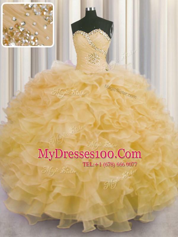 Gold Lace Up Quinceanera Gowns Beading and Ruffles Sleeveless Floor Length
