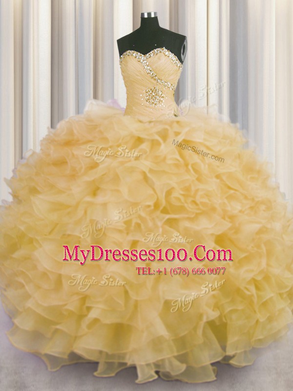 Gold Lace Up Quinceanera Gowns Beading and Ruffles Sleeveless Floor Length