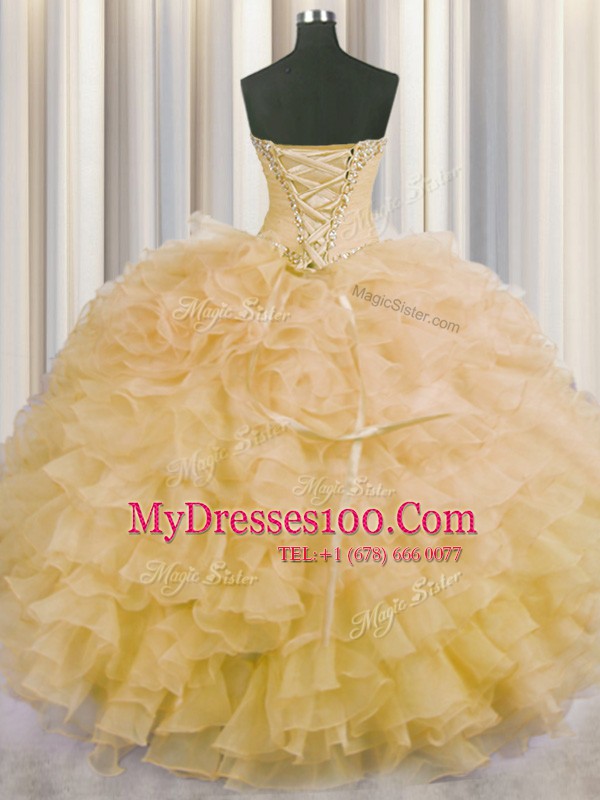 Gold Lace Up Quinceanera Gowns Beading and Ruffles Sleeveless Floor Length