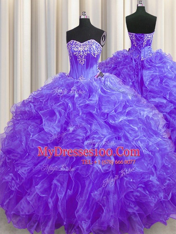 Eye-catching Purple Ball Gowns Sweetheart Sleeveless Organza Brush Train Lace Up Beading and Ruffles Quinceanera Dress