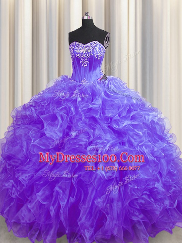 Eye-catching Purple Ball Gowns Sweetheart Sleeveless Organza Brush Train Lace Up Beading and Ruffles Quinceanera Dress