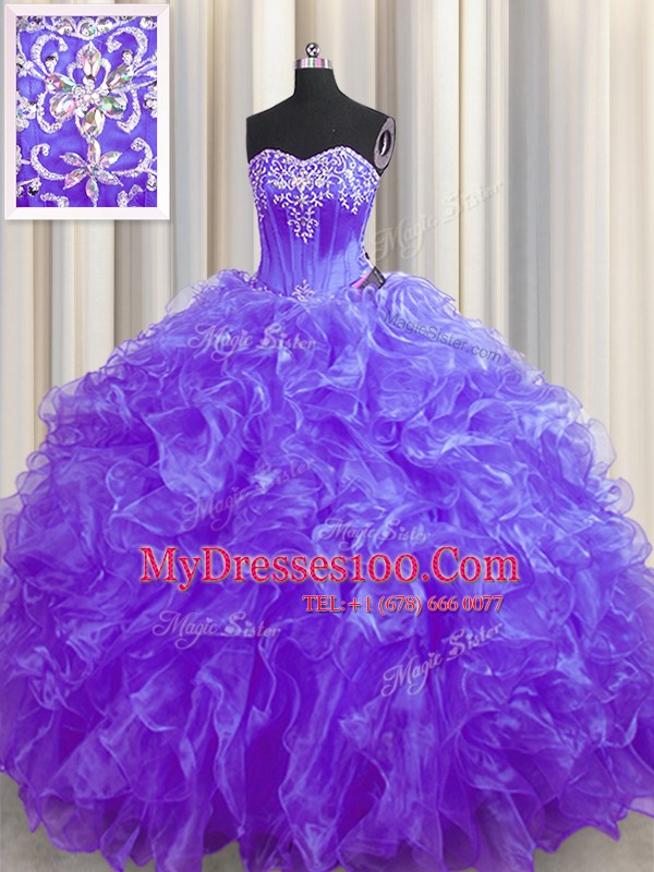 Eye-catching Purple Ball Gowns Sweetheart Sleeveless Organza Brush Train Lace Up Beading and Ruffles Quinceanera Dress