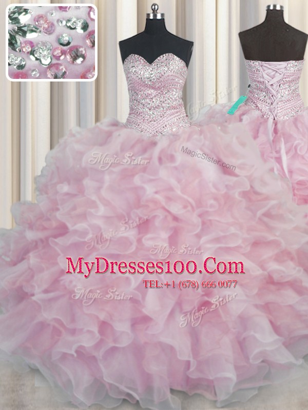 Hot Selling Bling-bling Sleeveless Floor Length Beading and Ruffles Lace Up Sweet 16 Dress with Pink