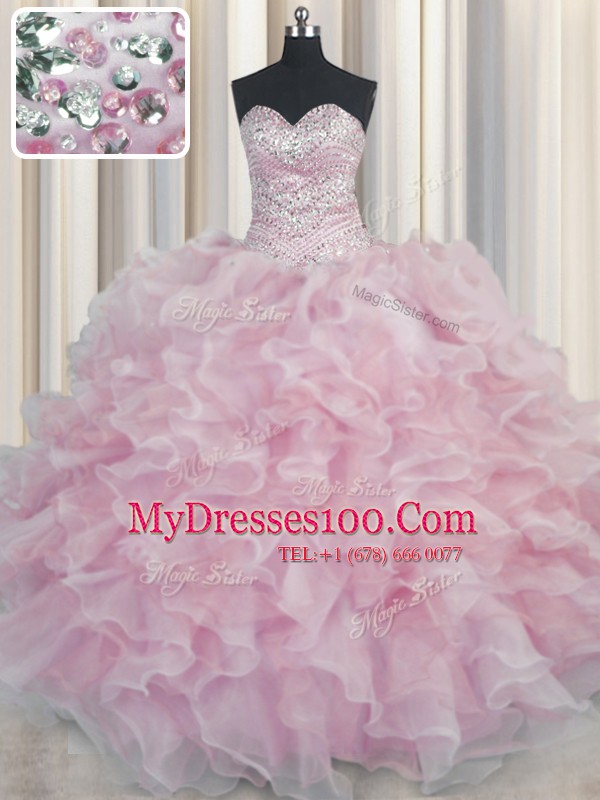 Hot Selling Bling-bling Sleeveless Floor Length Beading and Ruffles Lace Up Sweet 16 Dress with Pink