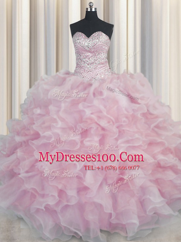 Hot Selling Bling-bling Sleeveless Floor Length Beading and Ruffles Lace Up Sweet 16 Dress with Pink