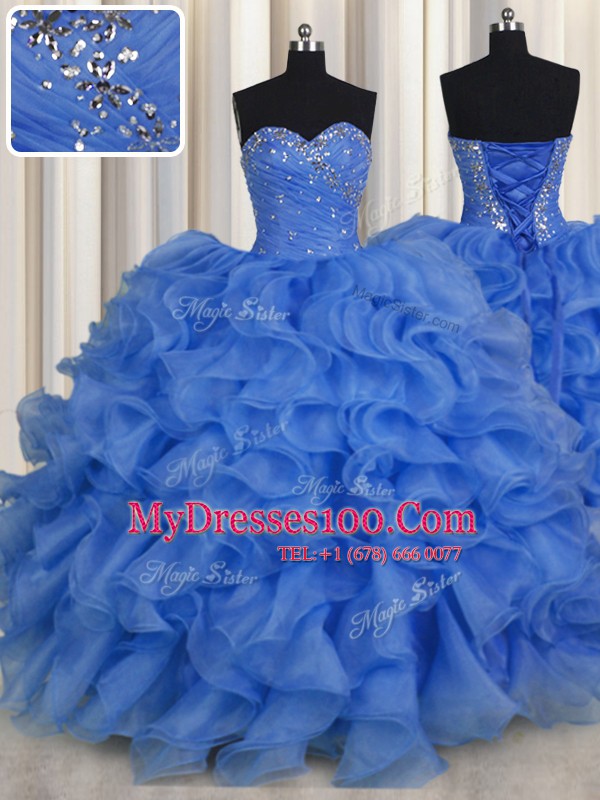 Stunning Sweetheart Sleeveless Organza Vestidos de Quinceanera Beading and Ruffles Lace Up