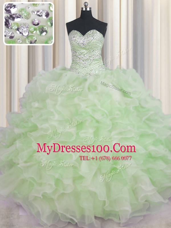 Green Quinceanera Gown Military Ball and Sweet 16 and Quinceanera and For with Beading and Ruffles Sweetheart Sleeveless Lace Up
