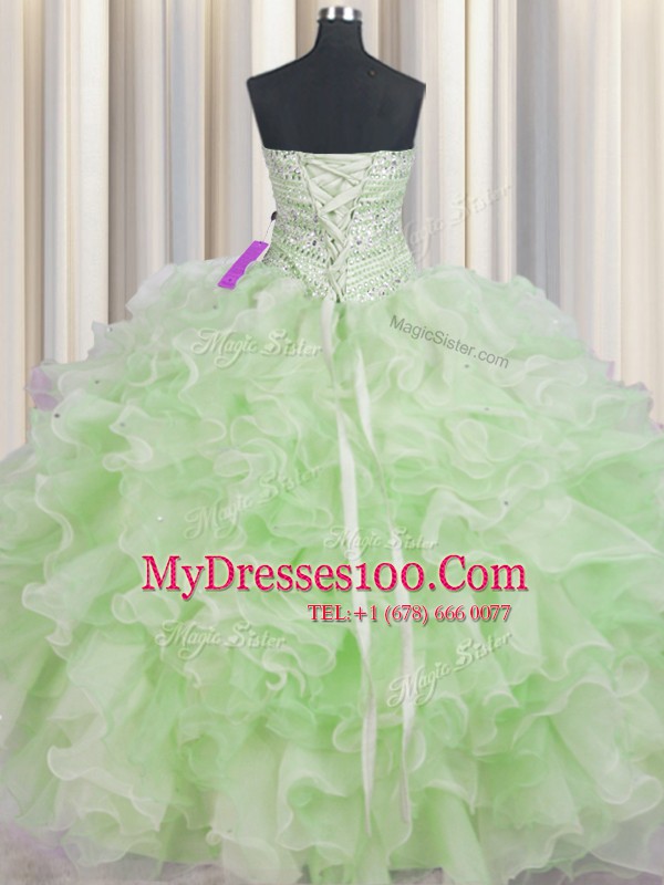 Green Quinceanera Gown Military Ball and Sweet 16 and Quinceanera and For with Beading and Ruffles Sweetheart Sleeveless Lace Up