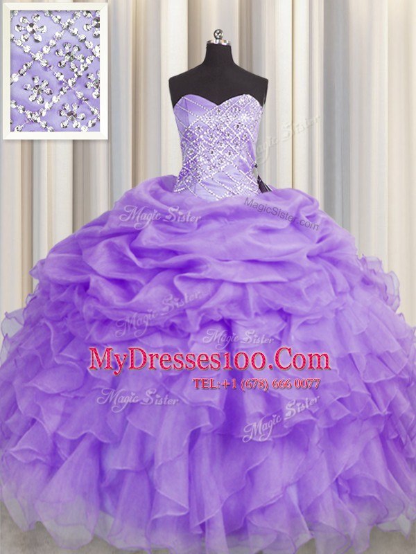Sexy Lavender Organza Lace Up Sweetheart Sleeveless Floor Length 15th Birthday Dress Beading and Ruffles