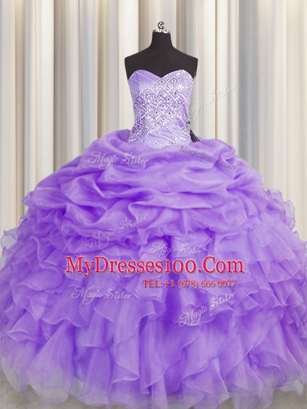 Sexy Lavender Organza Lace Up Sweetheart Sleeveless Floor Length 15th Birthday Dress Beading and Ruffles