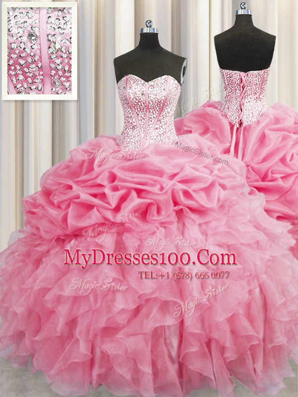Visible Boning Floor Length Rose Pink Quinceanera Gown Organza Sleeveless Beading and Ruffles