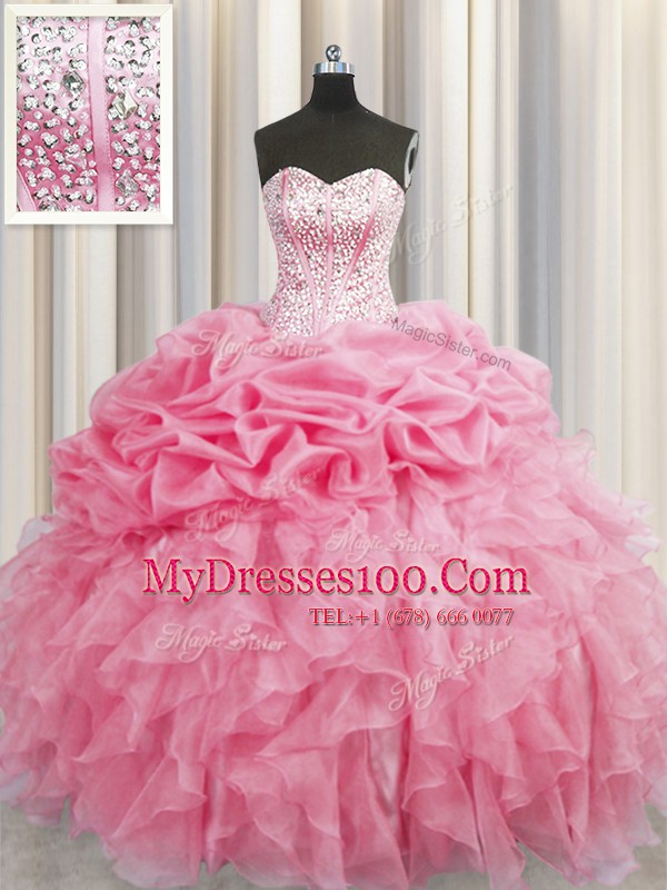 Visible Boning Floor Length Rose Pink Quinceanera Gown Organza Sleeveless Beading and Ruffles
