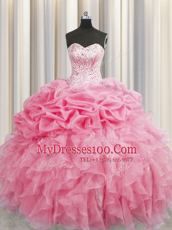 Visible Boning Floor Length Rose Pink Quinceanera Gown Organza Sleeveless Beading and Ruffles