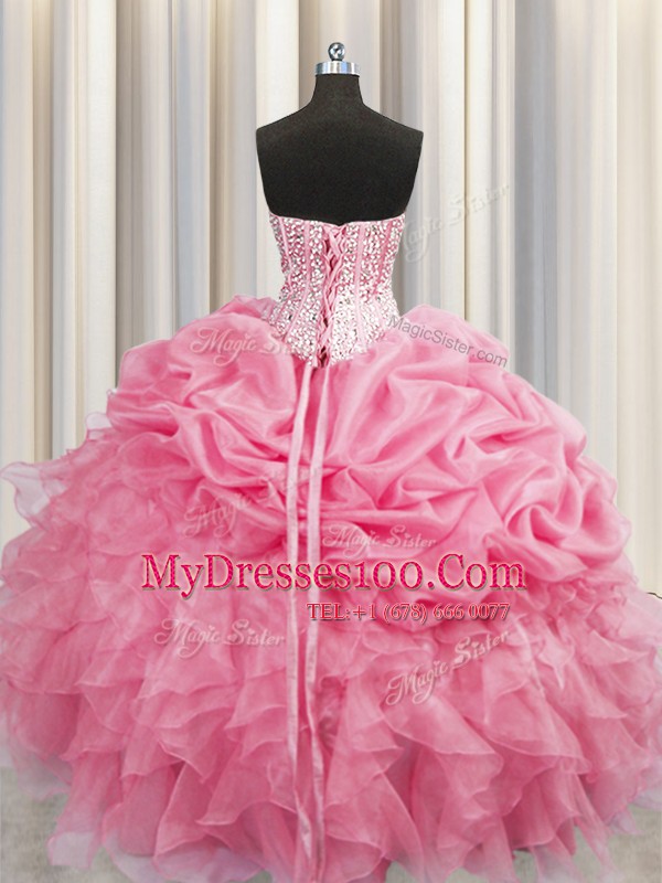 Visible Boning Floor Length Rose Pink Quinceanera Gown Organza Sleeveless Beading and Ruffles