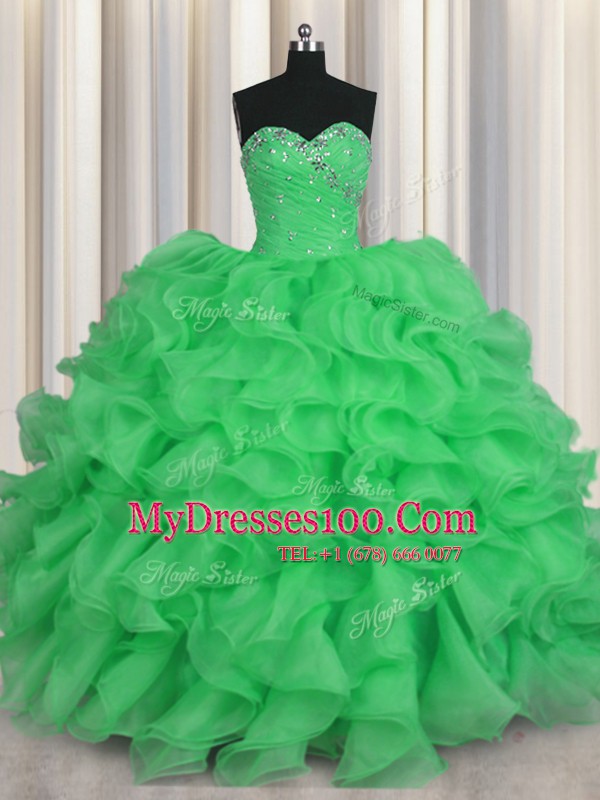 Flirting Sweetheart Sleeveless Lace Up Sweet 16 Dresses Green Organza