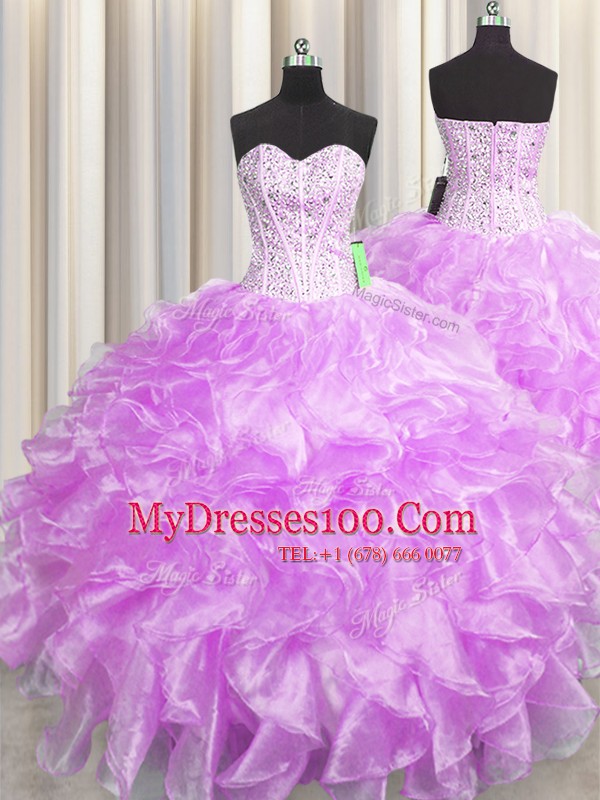 Dazzling Visible Boning Zipper Up Sweetheart Sleeveless Zipper Sweet 16 Dresses Lilac Organza