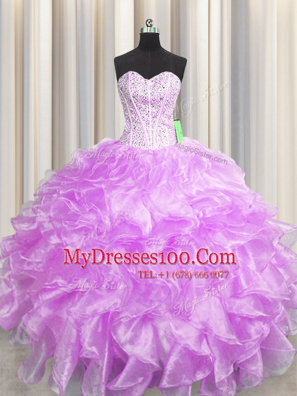 Dazzling Visible Boning Zipper Up Sweetheart Sleeveless Zipper Sweet 16 Dresses Lilac Organza