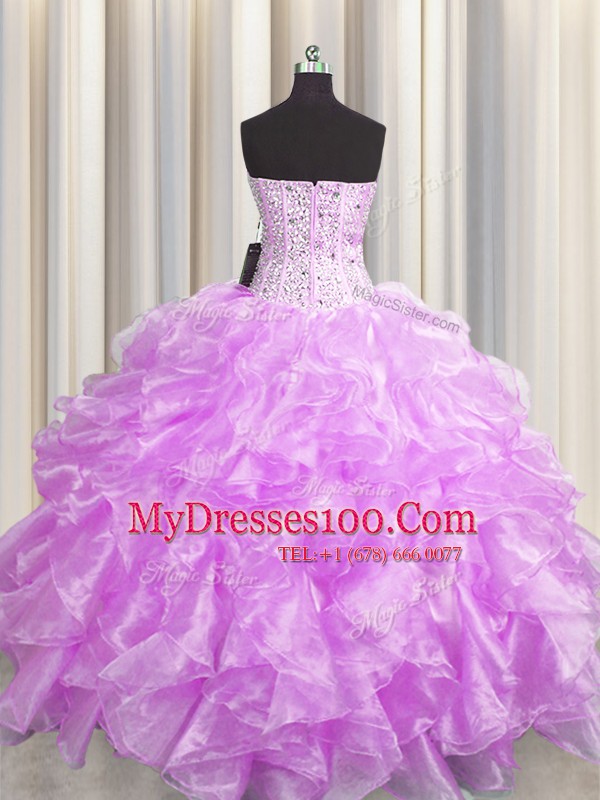 Dazzling Visible Boning Zipper Up Sweetheart Sleeveless Zipper Sweet 16 Dresses Lilac Organza