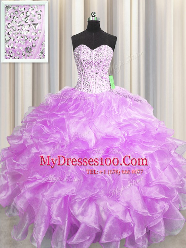 Dazzling Visible Boning Zipper Up Sweetheart Sleeveless Zipper Sweet 16 Dresses Lilac Organza