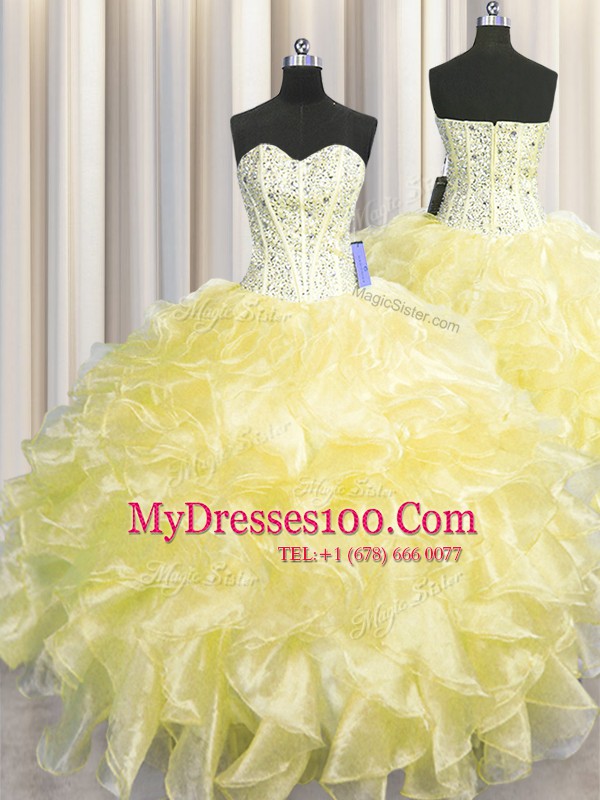 Charming Visible Boning Zipper Up Light Yellow Zipper Sweetheart Beading and Ruffles 15th Birthday Dress Organza Sleeveless
