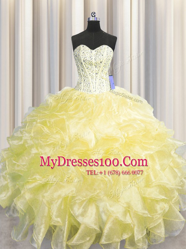 Charming Visible Boning Zipper Up Light Yellow Zipper Sweetheart Beading and Ruffles 15th Birthday Dress Organza Sleeveless