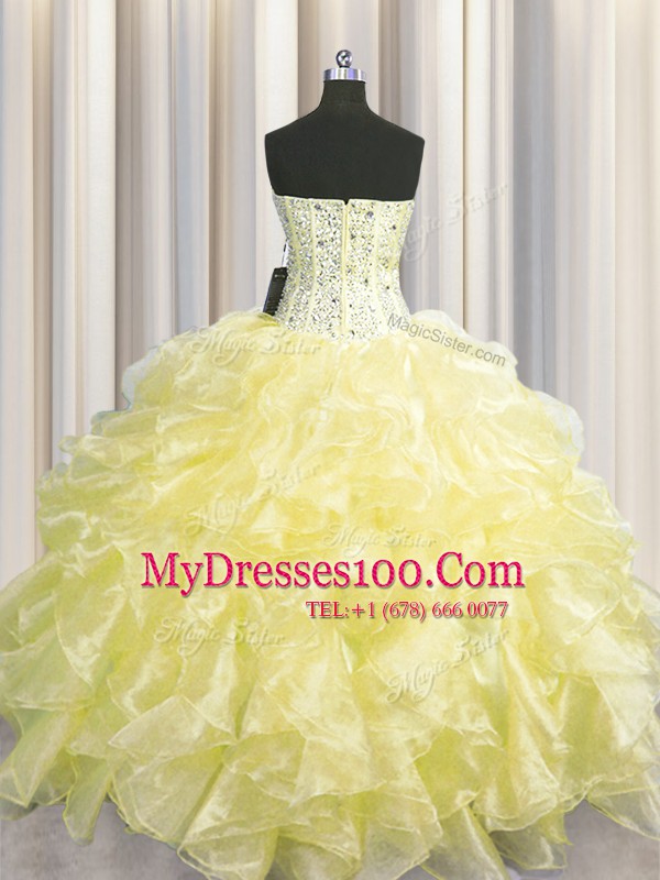 Charming Visible Boning Zipper Up Light Yellow Zipper Sweetheart Beading and Ruffles 15th Birthday Dress Organza Sleeveless