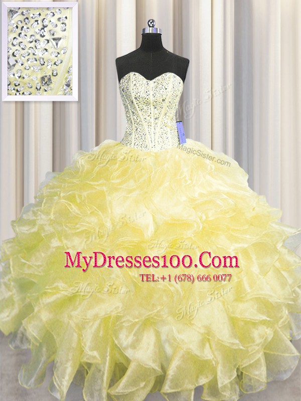 Charming Visible Boning Zipper Up Light Yellow Zipper Sweetheart Beading and Ruffles 15th Birthday Dress Organza Sleeveless