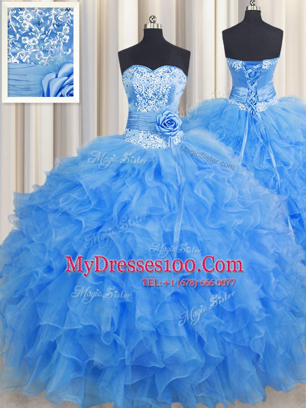 Handcrafted Flower Baby Blue Organza Lace Up Sweetheart Sleeveless Floor Length Sweet 16 Quinceanera Dress Beading and Ruffles and Hand Made Flower