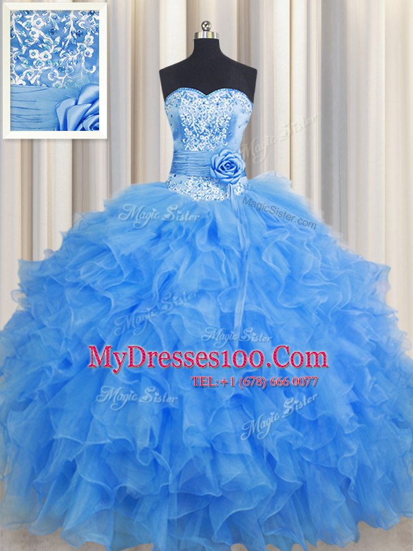 Handcrafted Flower Baby Blue Organza Lace Up Sweetheart Sleeveless Floor Length Sweet 16 Quinceanera Dress Beading and Ruffles and Hand Made Flower