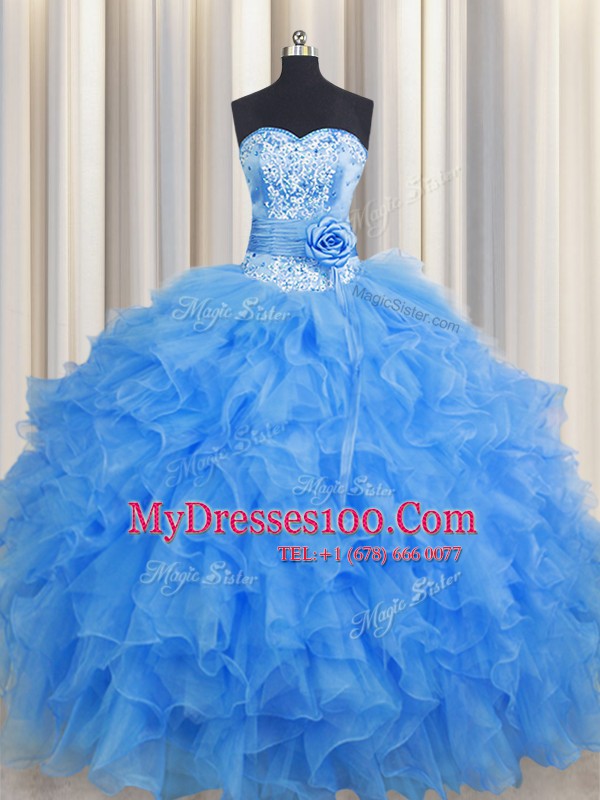 Handcrafted Flower Baby Blue Organza Lace Up Sweetheart Sleeveless Floor Length Sweet 16 Quinceanera Dress Beading and Ruffles and Hand Made Flower