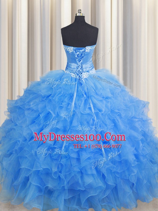 Handcrafted Flower Baby Blue Organza Lace Up Sweetheart Sleeveless Floor Length Sweet 16 Quinceanera Dress Beading and Ruffles and Hand Made Flower