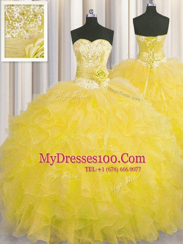 Handcrafted Flower Gold Ball Gowns Organza Sweetheart Sleeveless Beading and Ruffles and Hand Made Flower Floor Length Lace Up Ball Gown Prom Dress