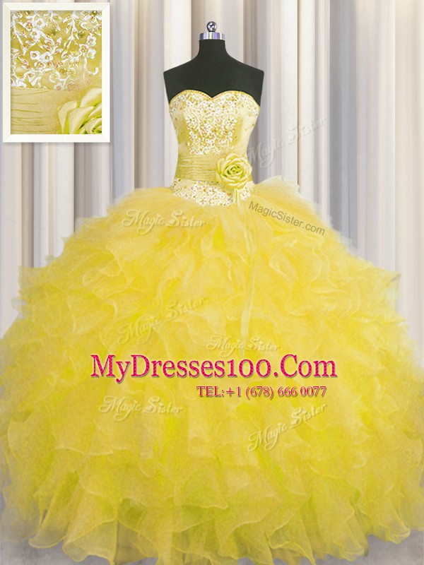 Handcrafted Flower Gold Ball Gowns Organza Sweetheart Sleeveless Beading and Ruffles and Hand Made Flower Floor Length Lace Up Ball Gown Prom Dress