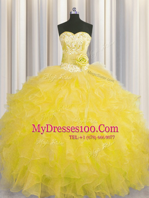 Handcrafted Flower Gold Ball Gowns Organza Sweetheart Sleeveless Beading and Ruffles and Hand Made Flower Floor Length Lace Up Ball Gown Prom Dress