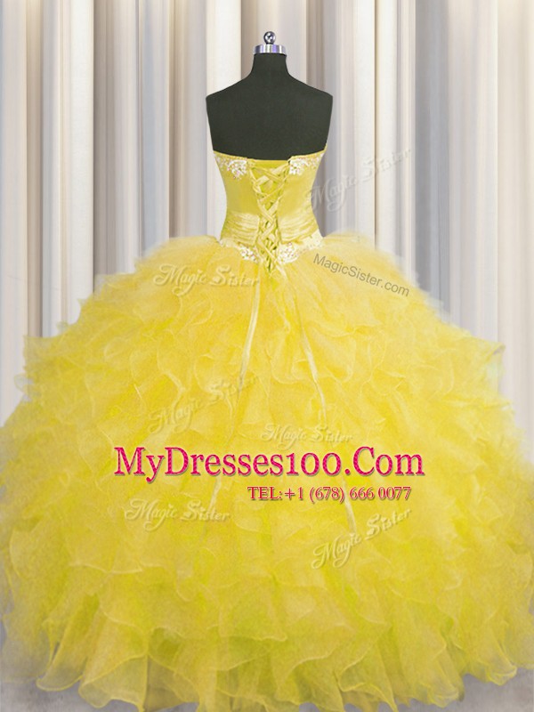 Handcrafted Flower Gold Ball Gowns Organza Sweetheart Sleeveless Beading and Ruffles and Hand Made Flower Floor Length Lace Up Ball Gown Prom Dress