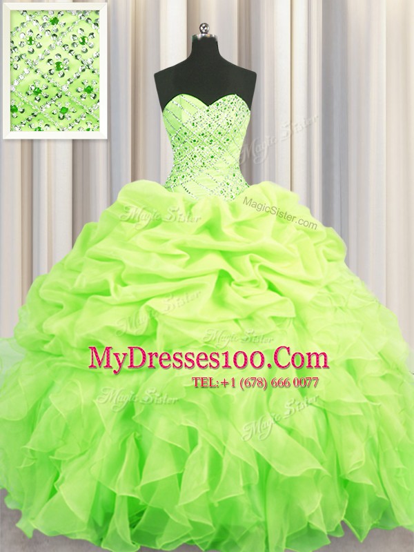 Custom Fit Pick Ups Floor Length Yellow Green Quinceanera Gown Sweetheart Sleeveless Lace Up