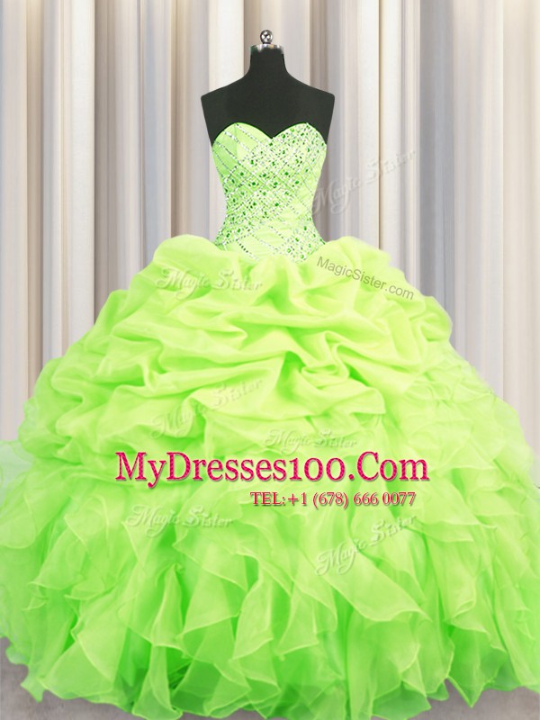 Custom Fit Pick Ups Floor Length Yellow Green Quinceanera Gown Sweetheart Sleeveless Lace Up
