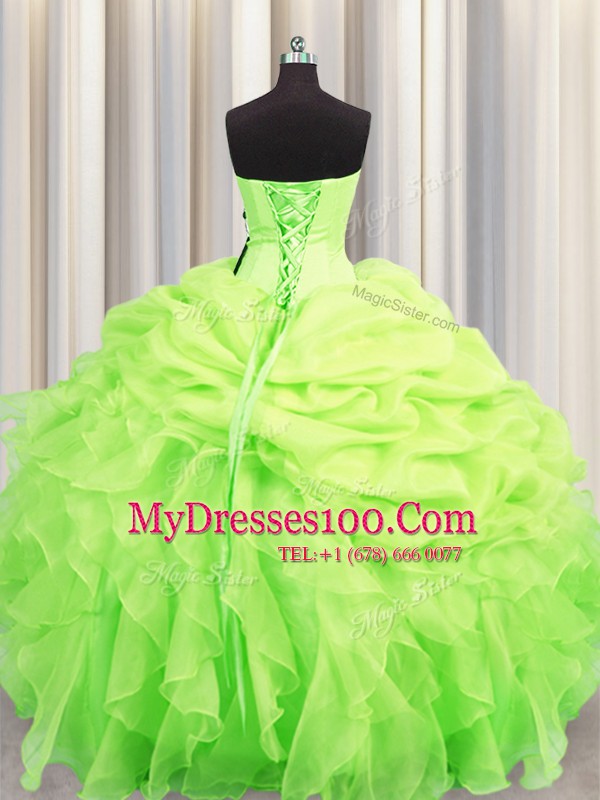 Custom Fit Pick Ups Floor Length Yellow Green Quinceanera Gown Sweetheart Sleeveless Lace Up