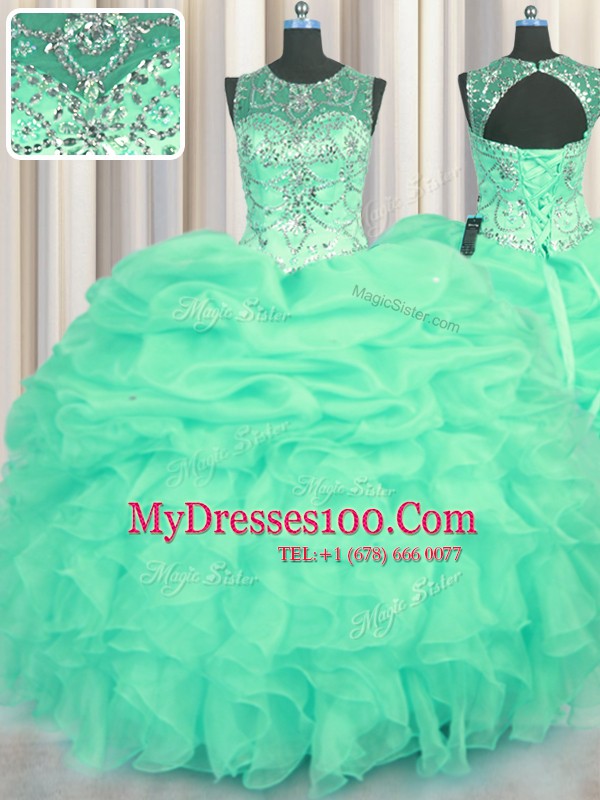 Nice See Through Turquoise Organza Lace Up Scoop Sleeveless Floor Length Quinceanera Dresses Beading and Ruffles and Pick Ups