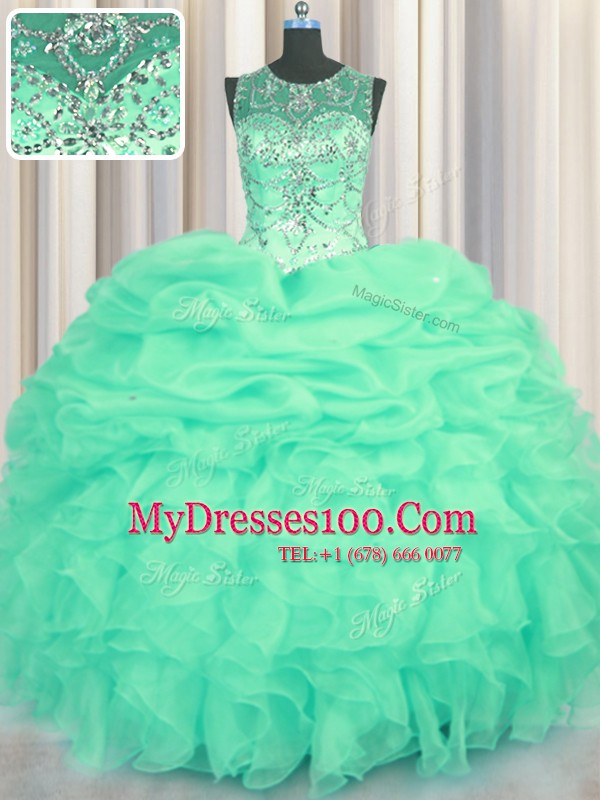 Nice See Through Turquoise Organza Lace Up Scoop Sleeveless Floor Length Quinceanera Dresses Beading and Ruffles and Pick Ups