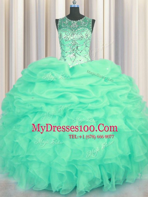 Nice See Through Turquoise Organza Lace Up Scoop Sleeveless Floor Length Quinceanera Dresses Beading and Ruffles and Pick Ups