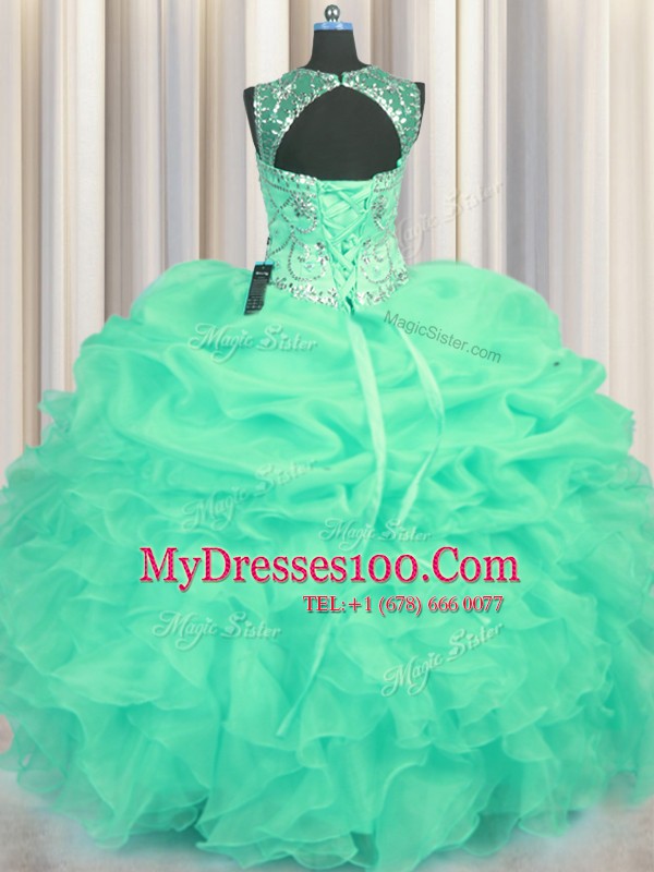 Nice See Through Turquoise Organza Lace Up Scoop Sleeveless Floor Length Quinceanera Dresses Beading and Ruffles and Pick Ups