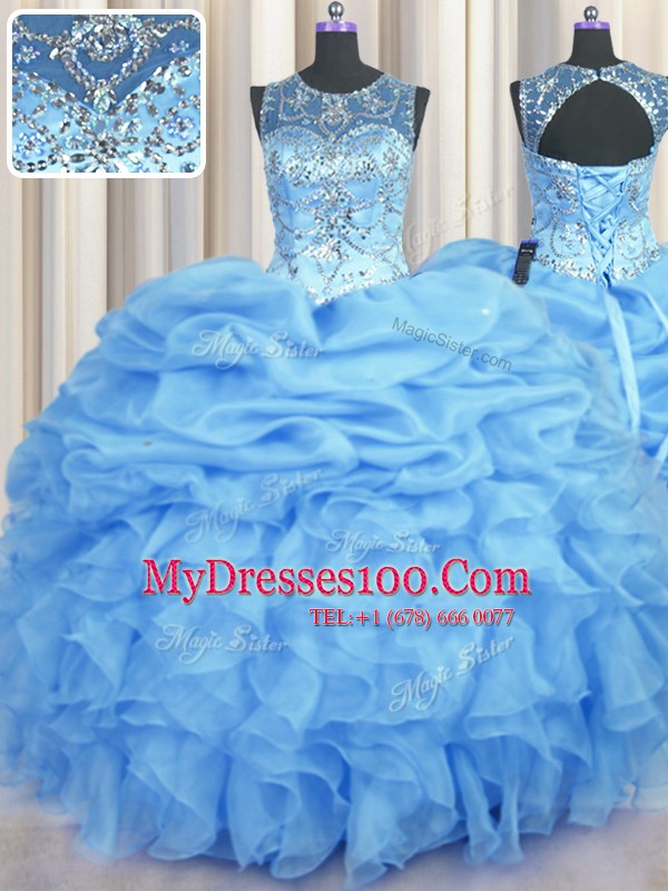 See Through Organza Sleeveless Floor Length 15 Quinceanera Dress and Beading and Ruffles and Pick Ups