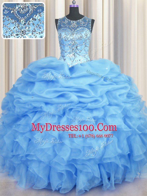 See Through Organza Sleeveless Floor Length 15 Quinceanera Dress and Beading and Ruffles and Pick Ups